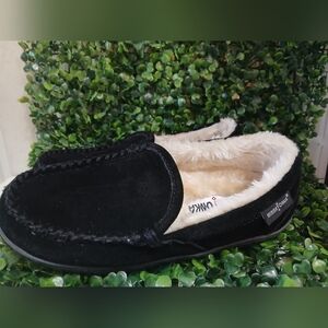 Minnetonka LYNDA TRAPPER Black Suede Slip On Moccasin Slippers Size 8M